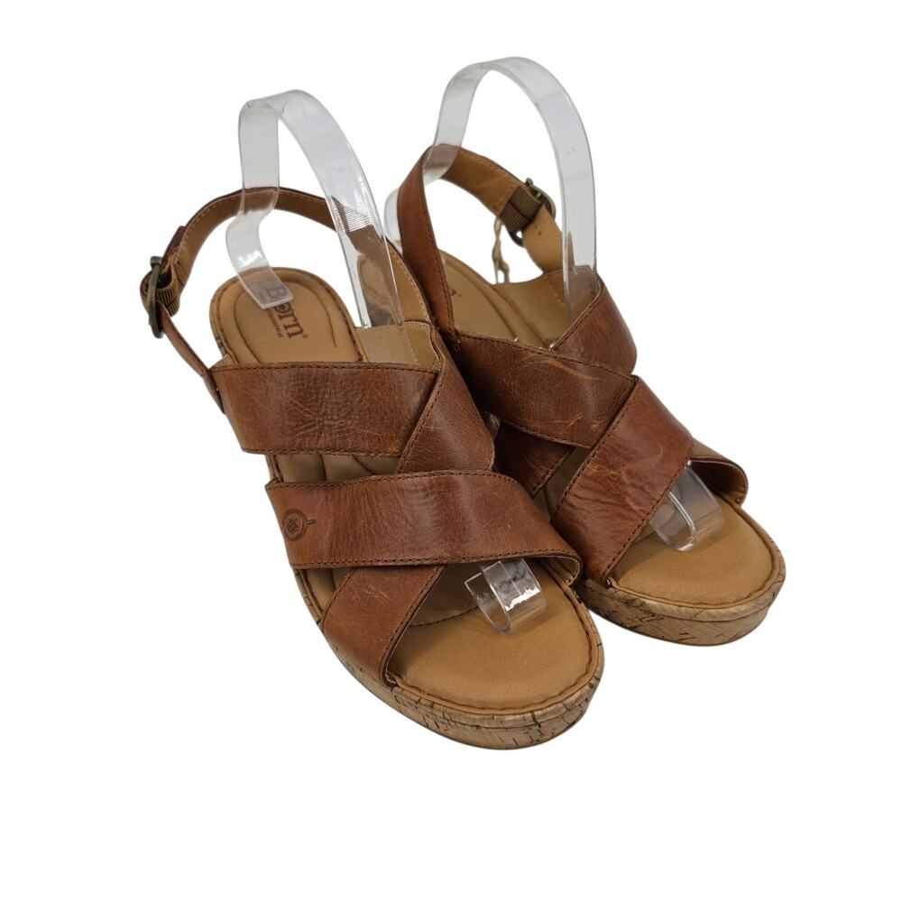 NWOT Born Brown Leather Cross Strap Sami Slingback Cork Wedge Sandal Size 10